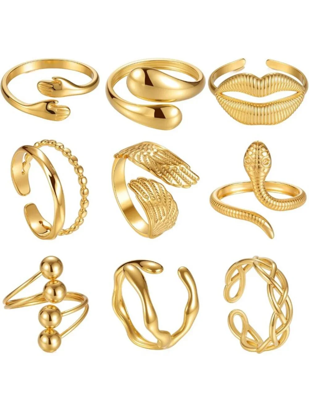 9PCS Gold Stackable Rings Set for Women - Non-Tarnish, Adjustable Chunky Knuckle